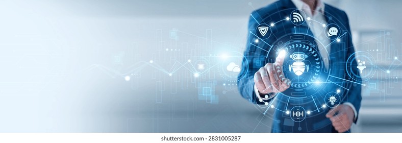 AI developer pointing at Chatbots and networking conversational AI data systems, customer automation, virtual assistant technology, machine learning interaction, digital communication