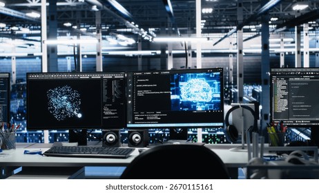 AI development workstations in data center with monitors displaying machine learning code. Server farm computers used for tracking neural network structures algorithm performance
