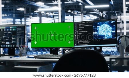 AI development workstations in data center with green screen monitors displaying machine learning code. Server hub mockup computers used for tracking neural network structures algorithm performance