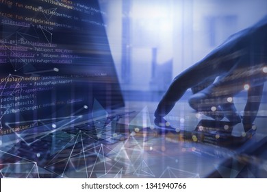Ai, Digital technology, software development concept. Coding programmer, web designer working on laptop computer with computer code, internet network and abstract technology interface