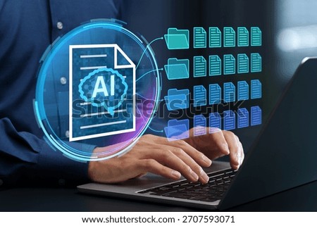 AI document analysis and management. Knowledge extraction and semantic search. Businessperson using laptop computer for document classification.
