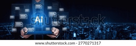 AI document automation concept with floating files and knowledge cards. Document NLP processing, search, document summarization, LLM document management for DMS enterprise workflows. Corpus