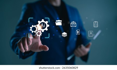 AI document management system concept with businessman touching virtual gear icons and digital file interface. Perfect for automation, paperless workflow, data processing, and smart office.
