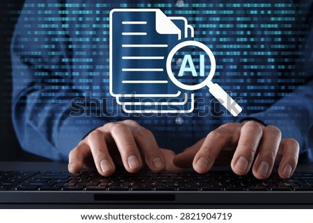 AI document and text analysis. Automatically extracting key information and insights for document classification and text summarization. Businessman typing on computer keyboard.