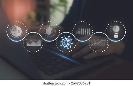 AI Driven Customer  Analytics Concept. Hands typing on a laptop with a digital overlay of interconnected data analysis and artificial intelligence icons, representing an AI powered customer insights.