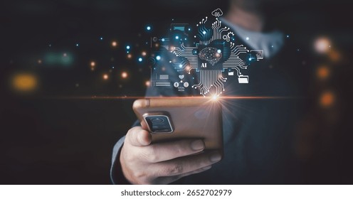 AI driven ecosystem concept A person holds a smartphone, presenting a glowing holographic interface with a central AI brain chip that connects to various digital services.