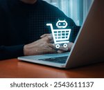 AI E-commerce concept. Artificial intelligence service support tools for ecommerce marketing management. AI chat bot on cart symbol on network screen while businessman working with laptop computer.