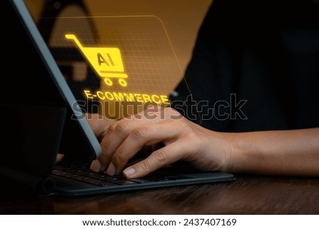 AI E-commerce concept. Artificial intelligence service support tools for ecommerce marketing trends, reach customer. AI cart symbol on virtual screen while businessman working with laptop computer.