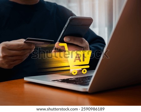 AI E-commerce concept. Artificial intelligence service tools for ecommerce marketing management. Smart shopping cart icon symbol on network screen while businessman holding credit card and smartphone.