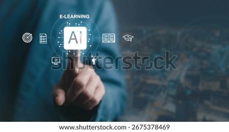 AI e-learning concept with digital education icons, online training, and artificial intelligence technology for smart learning, distance study, remote courses, and virtual classrooms.