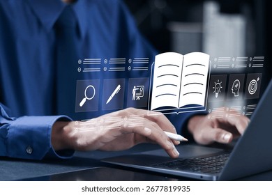 AI in E-learning platform concept. online education, webinars, scheduling, distance learning via video tutorials and recorded classes. Businessman use laptop with virtual icon.