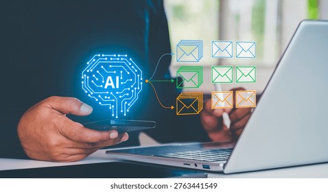 AI email classification system analyzing inbox messages and automatically sorting into categories like spam, priority, and marketing using machine learning interface overlay on laptop workspace