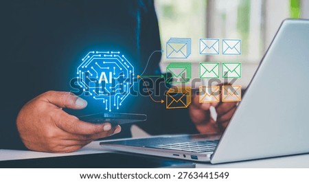 AI email classification system analyzing inbox messages and automatically sorting into categories like spam, priority, and marketing using machine learning interface overlay on laptop workspace