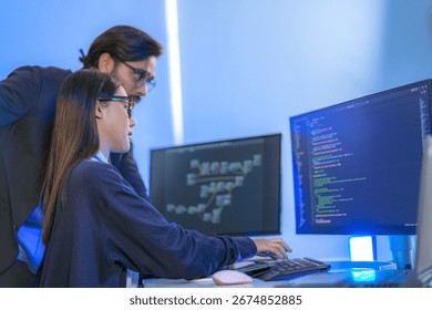 AI engineer developing algorithms in a futuristic data center. The blue light reflects innovation in machine learning, generative AI, blockchain, and modern cybersecurity.