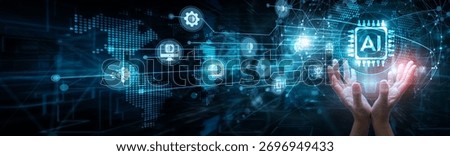 AI engineer holding global network and artificial intelligence systems, machine learning automation prediction recognition algorithms neural networks robotics data processing.