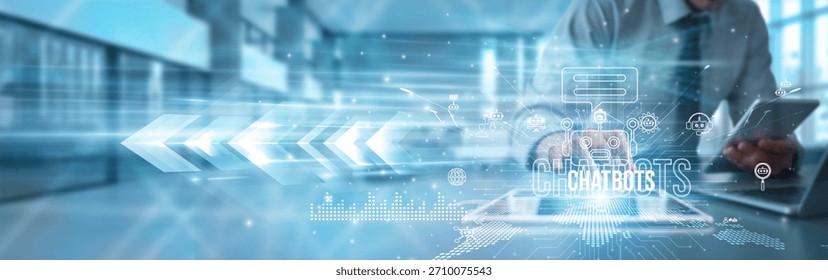 AI engineer using a tablet analyzing chatbot interactions, natural language processing customer service automation engagement communication efficiency innovation transformation global platforms.