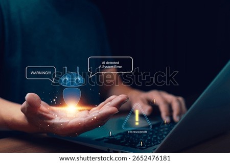 AI Error Detection Concept demonstrates artificial intelligence technology that can detect errors, Cyber threats and alert users. Online Network Security Internet. Bot Security System.