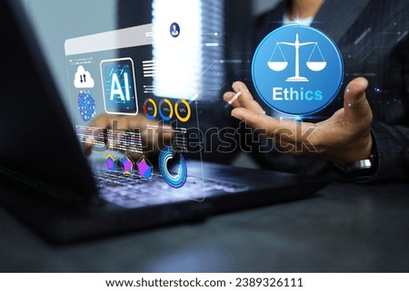 AI and ethics concept with businessman use AI to help create or generate the art but they must also consider ethical considerations so as not to infringe on the copyrights of human artist 商業照片 © 