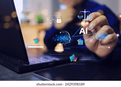 AI ethics and intellectual property concept with business people using artificial intelligence to create work but also paying attention to human creativity and protection of copyright laws