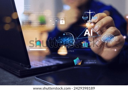 AI ethics and intellectual property concept with business people using artificial intelligence to create work but also paying attention to human creativity and protection of copyright laws