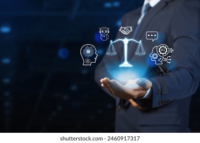 AI ethics or Law concept. Developing AI Codes of Ethics. Regulation and Laws. Compliance, standards ethical AI practices, business policies control  AI use,