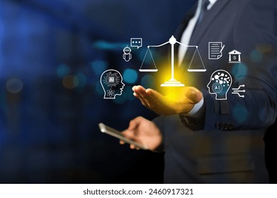 AI ethics or Law concept. Developing AI Codes of Ethics. Regulation and Laws. Compliance, standards ethical AI practices, business policies control  AI use,
