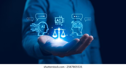 AI ethics or AI Law concept. Developing AI codes of ethics. Compliance, regulation, standard , business policy and responsibility for guarding against unintended bias in machine learning algorithms.