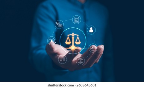 AI ethics or AI Law concept. Developing AI codes of ethics. Compliance, regulation, standard , business policy and responsibility for guarding against unintended bias in machine learning algorithms.