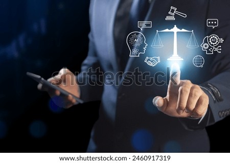 AI ethics or  Law concept. Developing AI Codes of Ethics.  Regulation and Laws. Compliance, standards ethical AI practices, business policies control  AI use,
