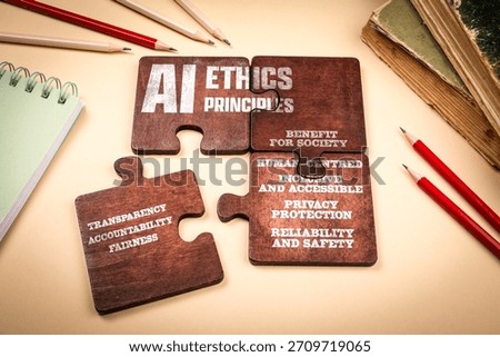 AI Ethics Principles illustrated through a wooden puzzle concept on a workspace