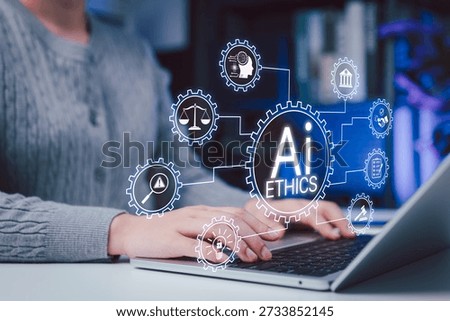 AI Ethics and Responsibility in Technology Concept. AI ethics and responsible artificial intelligence practices. Ethical AI development, fairness, and accountability for modern business and society.