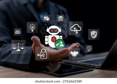 AI Ethics and Responsible Artificial Intelligence Concept, Businessman Presenting AI Robot with Legal Compliance, Preventing Data Theft, Protecting Intellectual Property, Regulating Ethical Violations