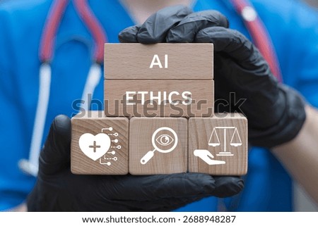 AI ethics and responsible artificial intelligence governance health care concept. Doctor holding blocks with icons sees the words AI ETHICS. Fair, safe, legal use of medical technology.