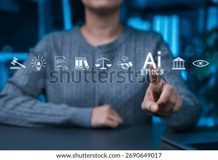 AI Ethics and Responsible Artificial Intelligence Governance Concept. Person touching AI ethics icons, regulations, law, fairness, transparency, accountability, data protection, privacy and practices.