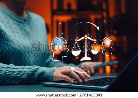 AI ethics and responsible artificial intelligence governance concept. Person using laptop with icon of AI brain, human brain, justice scale symbolizing fairness, accountability, ethical technology use