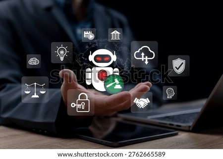 AI Ethics and Responsible Artificial Intelligence Concept, Businessman Presenting AI Robot with Legal Compliance, Preventing Data Theft, Protecting Intellectual Property, Regulating Ethical Violations