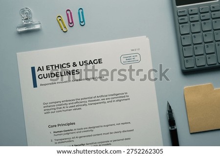 AI ETHICS and USAGE GUIDELINES: Realistic mock-up mock placed on with calculator, glasses, sticky note. Contributor-created fictional business document for illustrative purposes.