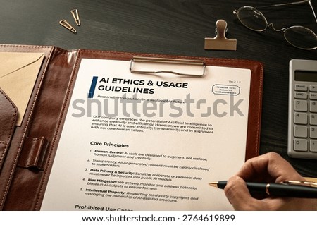 AI ETHICS and USAGE GUIDELINES: Realistic mock-up placed on . Contributor-created fictional business document for illustrative purposes.