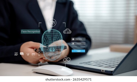 AI face recognition login system via smartphone, enabling secure user authentication and digital access. Biometric technology for privacy protection and mobile cybersecurity. - Powered by Shutterstock - Get 15% off with code: PIKWIZARD15
