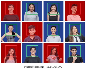 AI facial recognition interface showing approved and flagged individuals using color-coded backgrounds and detection boxes for identity scanning and data classification.