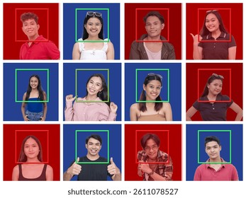 AI facial recognition interface showing approved and flagged individuals using color-coded backgrounds and detection boxes for identity scanning and data classification.