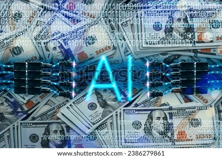 AI and finance concept. Artificial intelligence, bills 100 US dollars. Making profit money in financial markets with new technology generative AI Machine Learning tools app.