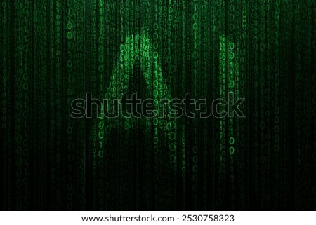 AI with flying binary green code, creative background. Programming and Artificial Intelligence