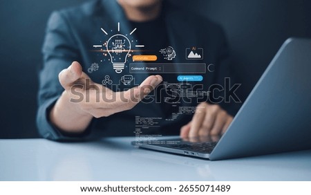 AI Generate button and command prompt-based content generation systems representation of artificial intelligence, with various digital icons and data around the hand. generative AI idea creation