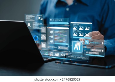 Ai generate concept. Artificial Intelligence Content Generator tool. Man uses a laptop with AI assistant to graphic design, translate language, chat bot, generate images, write code, and advertising. - Powered by Shutterstock