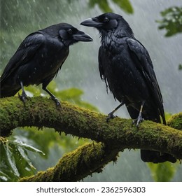 AI Generate crow,A pair of birds getting wet in the rain,couple of birds Ai generated
