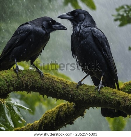 AI Generate crow,A pair of birds getting wet in the rain,couple of birds Ai generated
