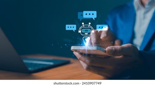 AI generated artificial intelligence chatbot, humans use AI technology enter command prompt for generate, Business person chatting with a smart bot developed, Futuristic technology transformation. - Powered by Shutterstock - Get 15% off with code: PIKWIZARD15