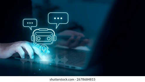 AI generated artificial intelligence chatbot, A person using AI technology enter command prompt for generate, chatting with a smart bot developed, Futuristic technology transformation. - Powered by Shutterstock - Get 15% off with code: PIKWIZARD15