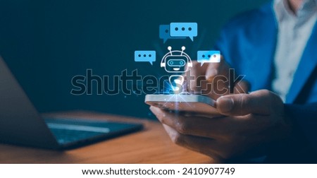 AI generated artificial intelligence chatbot, humans use AI technology enter command prompt for generate, Business person chatting with a smart bot developed, Futuristic technology transformation.